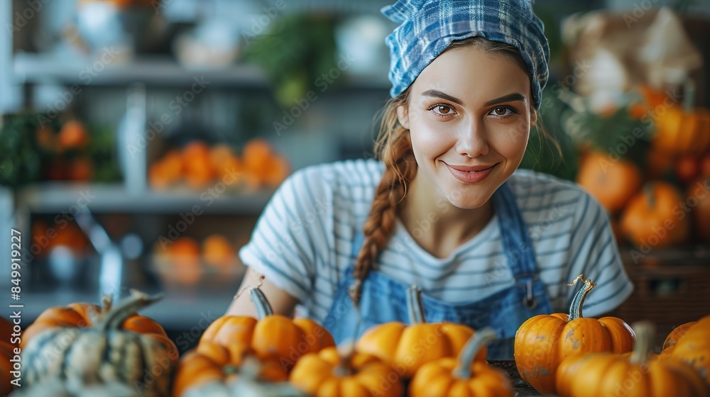 Fototapeta premium Woman preparing a pumpkin soup without show face