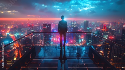 young businessman standing on top of staircase and looking at night city skyline with double exposure