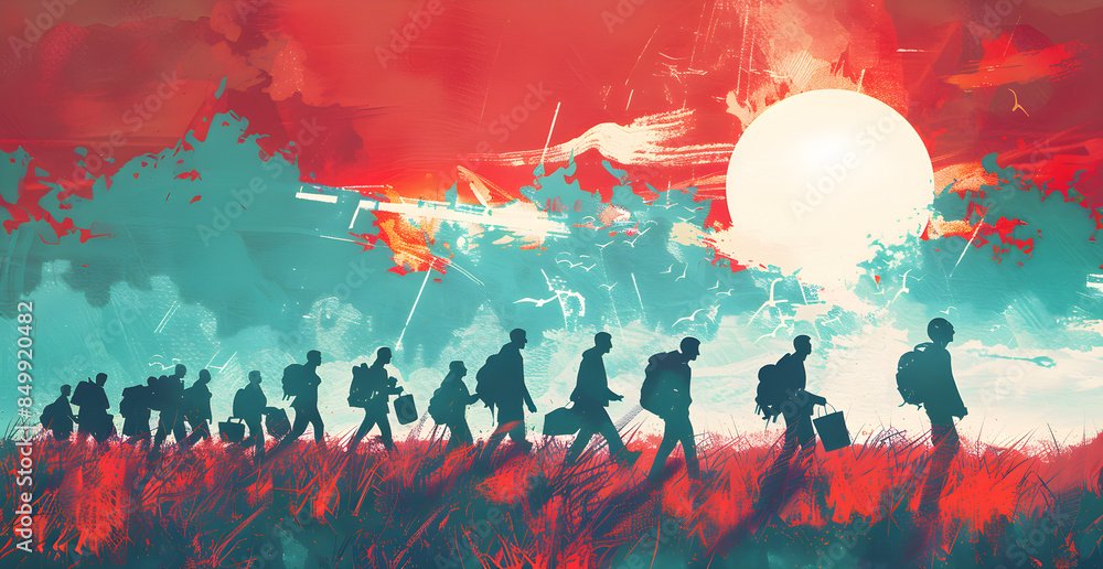 A group of people are walking in a field with a red sun in the background A group of people are walking in a field with a red sun in the background