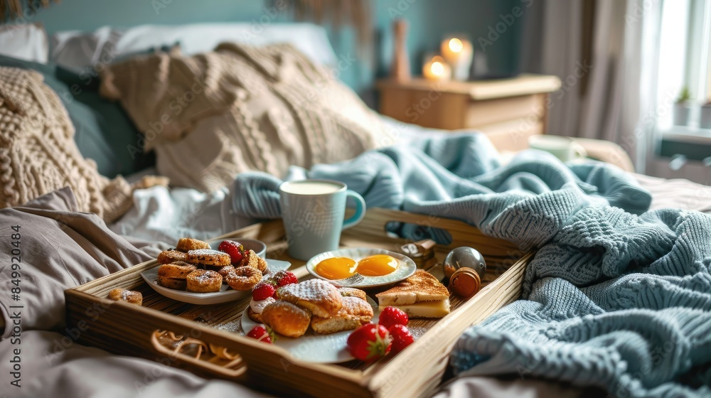 tray with breakfast food on the bed inside a bedroom tray with breakfast food on the bed inside a bedroom