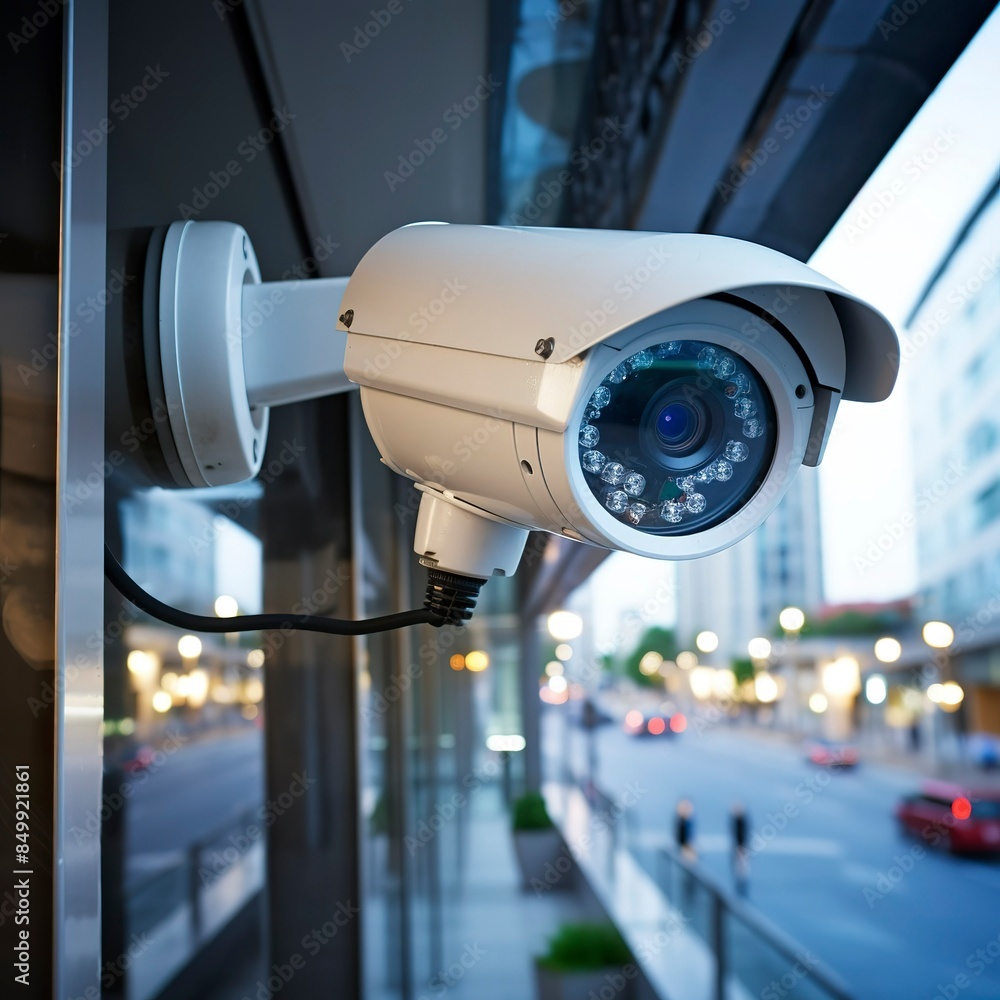 photo of a surveillance camera monitoring a commercial building.