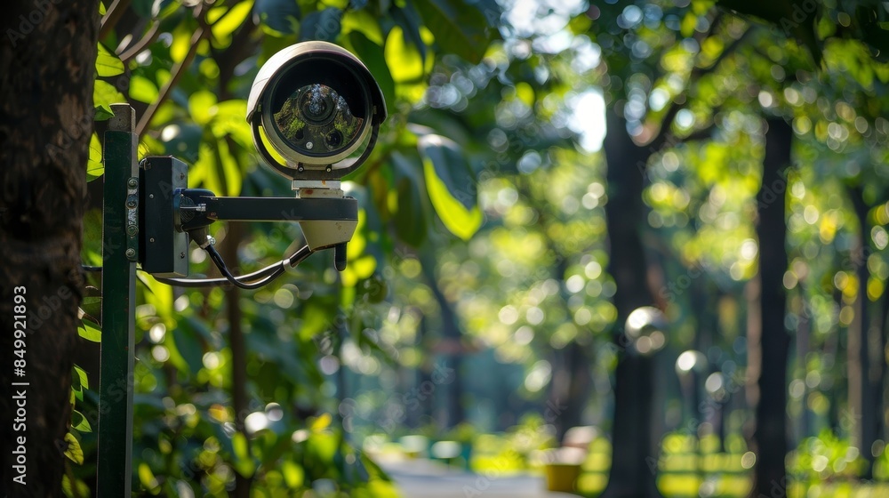 Fototapeta premium A public park equipped with solarpowered security cameras promoting a safe and secure environment for visitors.