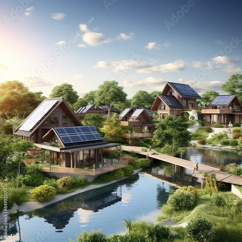 photo of a sustainable eco-village with renewable energy sources. © Magic Stock