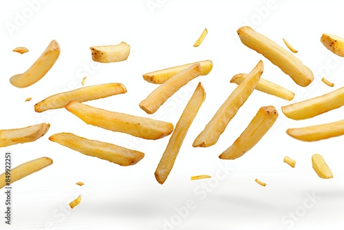 Flying potato fries, isolated on white background 