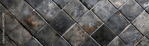 Vintage Anthracite Cement Tile with Rhombus Diamond Leaves Pattern - Retro Gray Stone Texture Background Banner Panorama photo