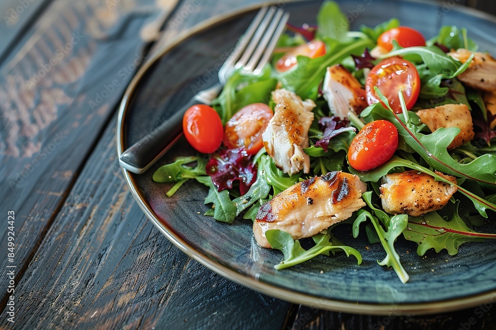 Close up of a salad with mixed greens, cherry tomatoes and chicken on a plate, with a fork beside it, on a dark wooden table. In the style , with food photography as a background, Close up of a salad with mixed greens, cherry tomatoes and chicken on a plate, with a fork beside it, on a dark wooden table. In the style , with food photography as a background,