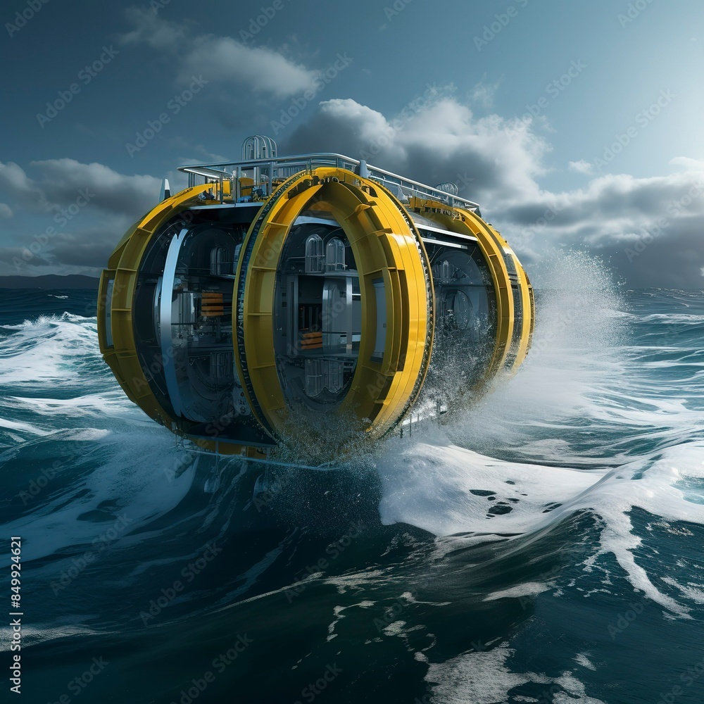 photo of a wave energy converter capturing ocean waves. photo of a wave energy converter capturing ocean waves.