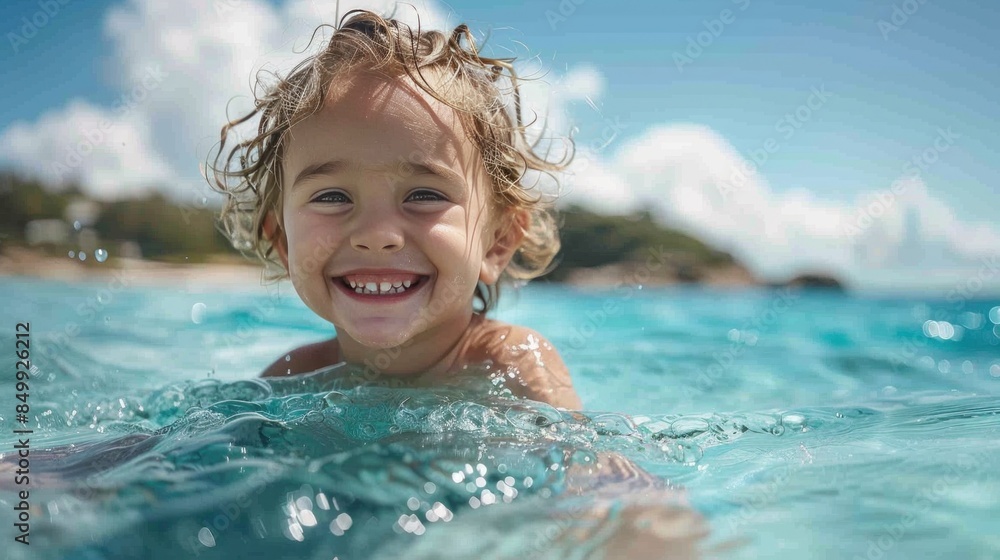 A happy boy playing in the water on the seaside beach in summer With the water at sea full of laughter and adventure. Enjoy your vacation and the sea. A happy boy playing in the water on the seaside beach in summer With the water at sea full of laughter and adventure. Enjoy your vacation and the sea.