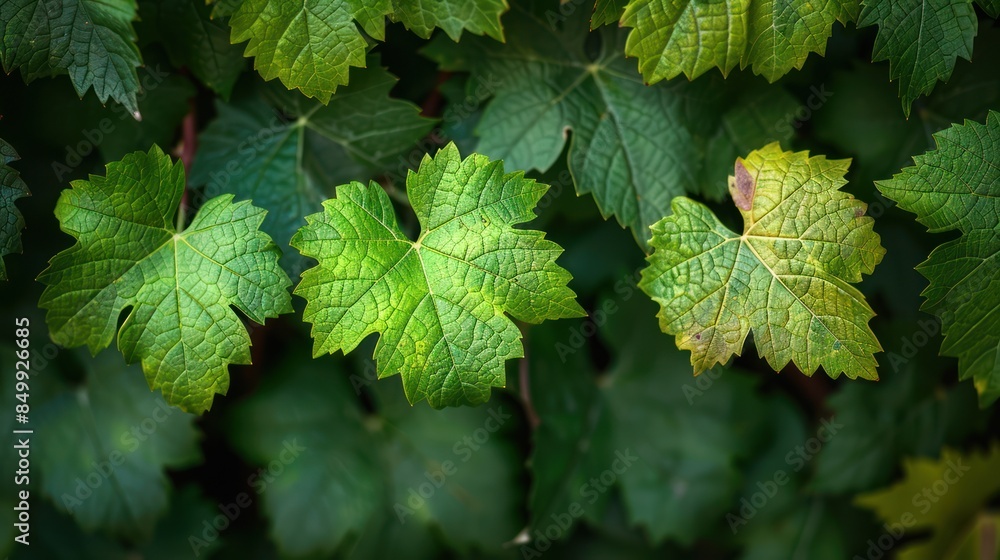 Vine Leaves in the Sunlight - Close-up of Green Leaves with Veins and Texture Vine Leaves in the Sunlight - Close-up of Green Leaves with Veins and Texture