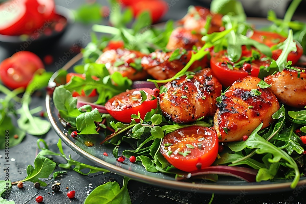 A plate of food with grilled chicken, tomatoes, and greens A plate of food with grilled chicken, tomatoes, and greens