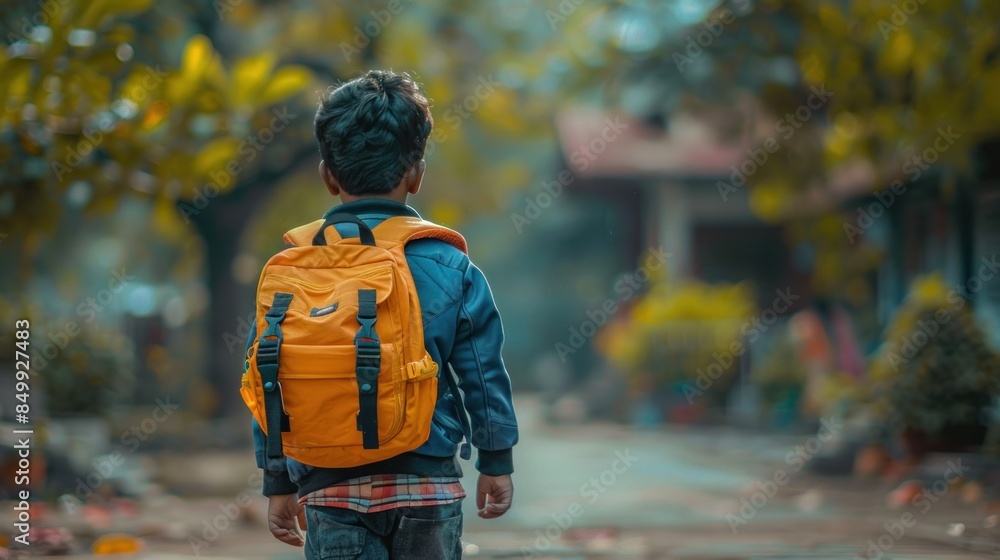 Back view of boy carrying a backpack walking to school by myself alone ...
