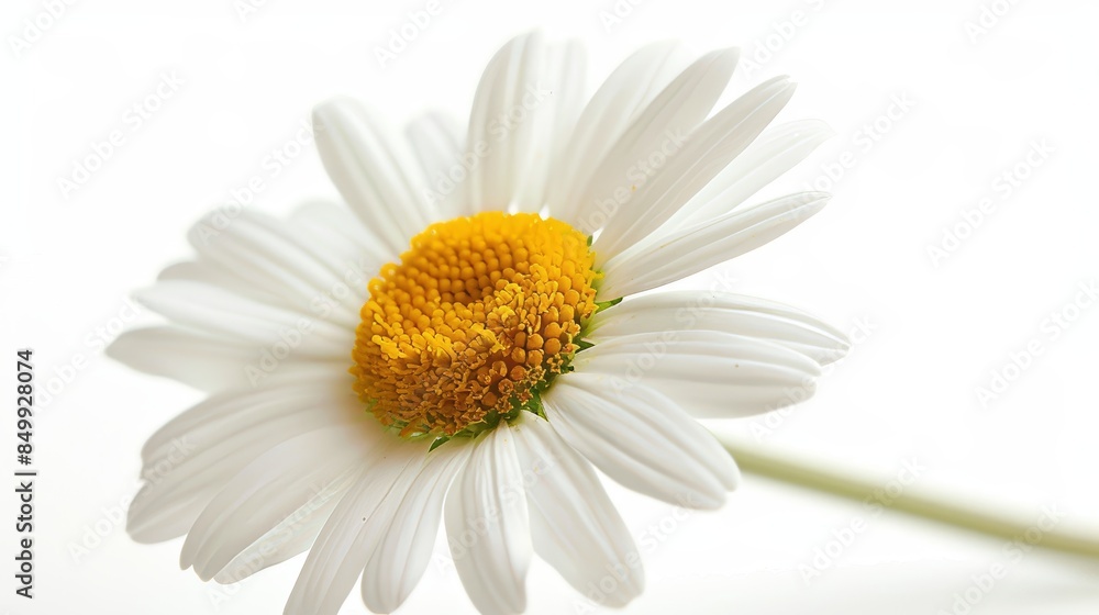 Fototapeta premium Single daisy flower in a close-up, isolated against a light white background, enhanced by studio lighting, perfect for advertisements