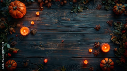 Rustic wooden table with Halloween theme seen from above, banner texture with clear space for text or advertisements, surrounded by eerie decor photo