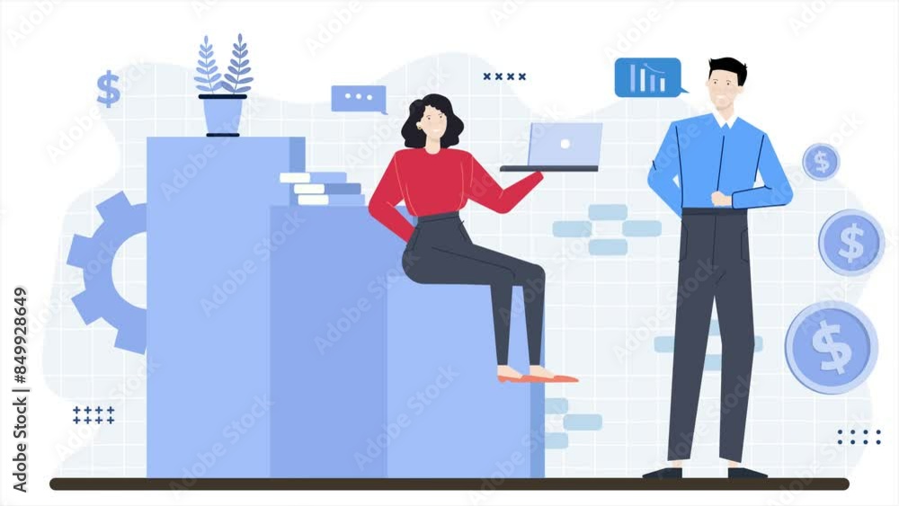 a woman sitting on chart with a man standing business animated illustration video a woman sitting on chart with a man standing business animated illustration video