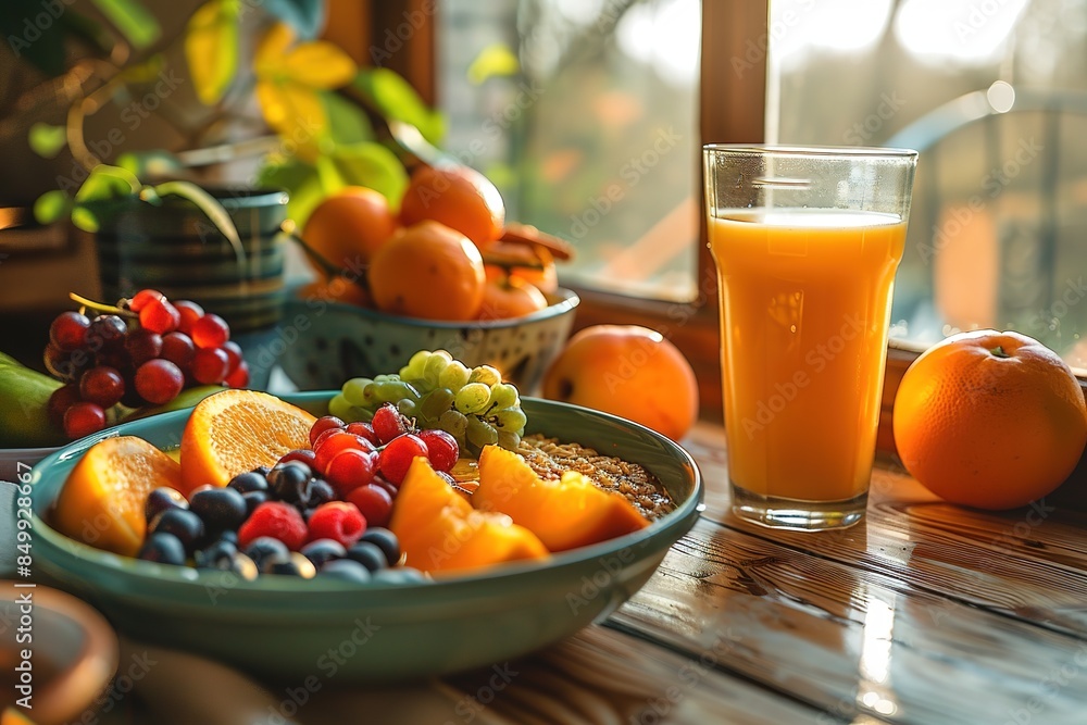 A bowl of fruit and a glass of orange juice sit on a wooden table A bowl of fruit and a glass of orange juice sit on a wooden table