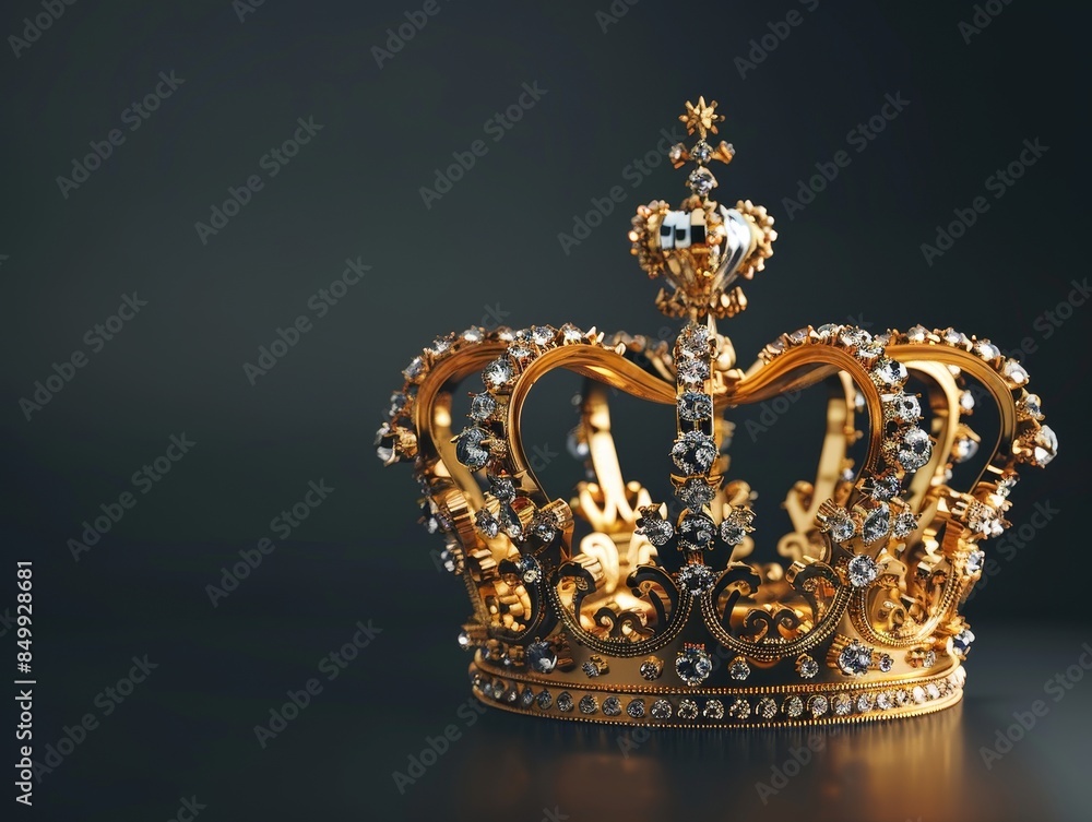 Regal gold 3D crown with diamond accents, flat black background with ample space for text, representing majesty and success Regal gold 3D crown with diamond accents, flat black background with ample space for text, representing majesty and success