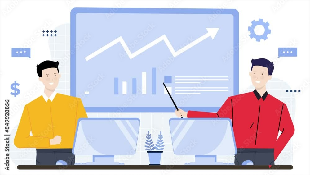 two people presentation showing graphic chart data business animated illustration video two people presentation showing graphic chart data business animated illustration video