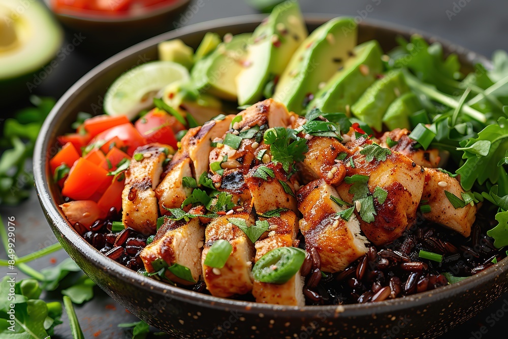 Fresh chicken bowl with avocado, black rice and vegetables on a dark background in a top view. Fresh chicken bowl with avocado, black rice and vegetables on a dark background in a top view.