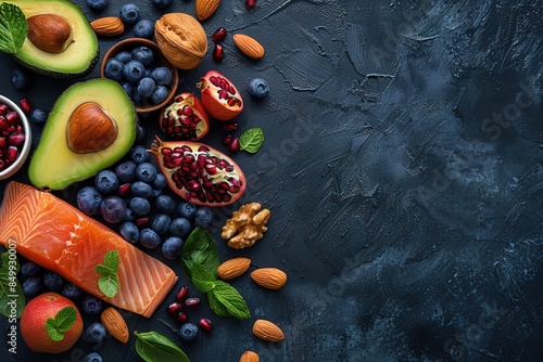 A colorful assortment of fruits and vegetables, including avocados, pomegranates