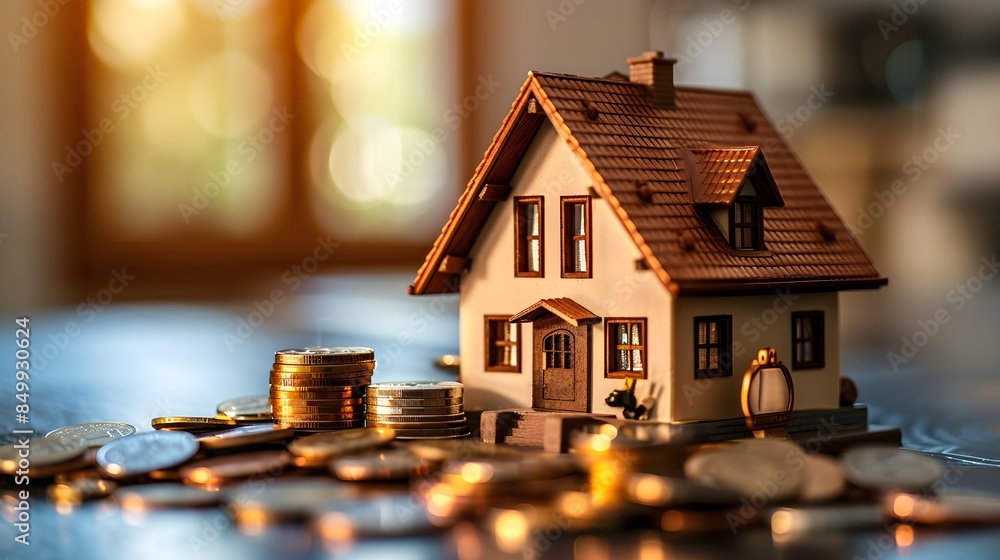 House model and pile of coins, real estate concept House model and pile of coins, real estate concept
