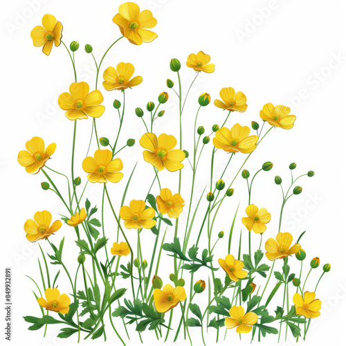 Detailed botanical illustration of yellow buttercup flowers, showcasing their vibrant color and delicate structure.