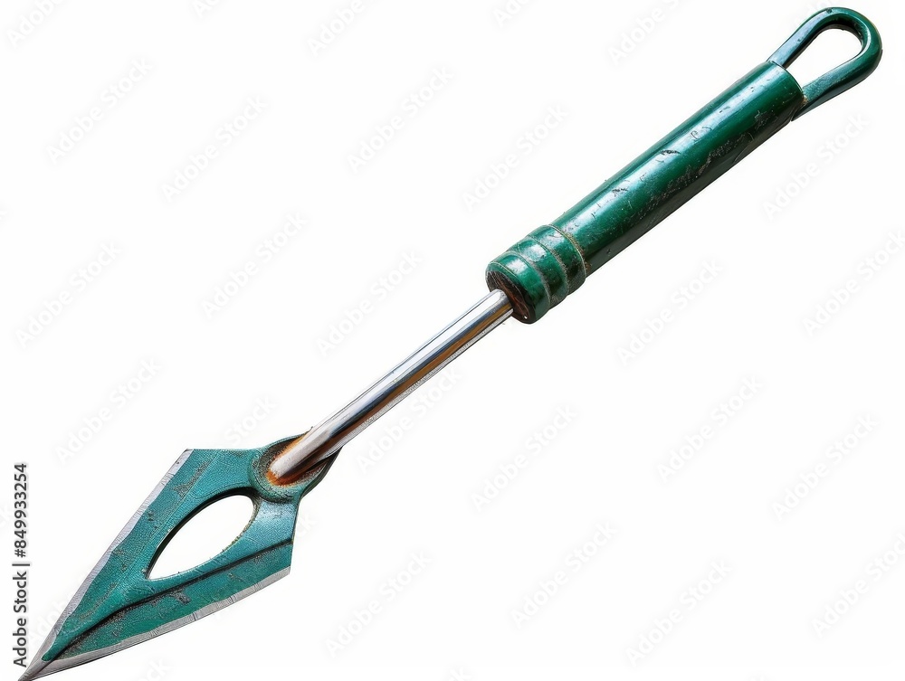 Close-up of a green and silver garden weeder tool with a pointed tip and ergonomic handle isolated on a white background. Close-up of a green and silver garden weeder tool with a pointed tip and ergonomic handle isolated on a white background.