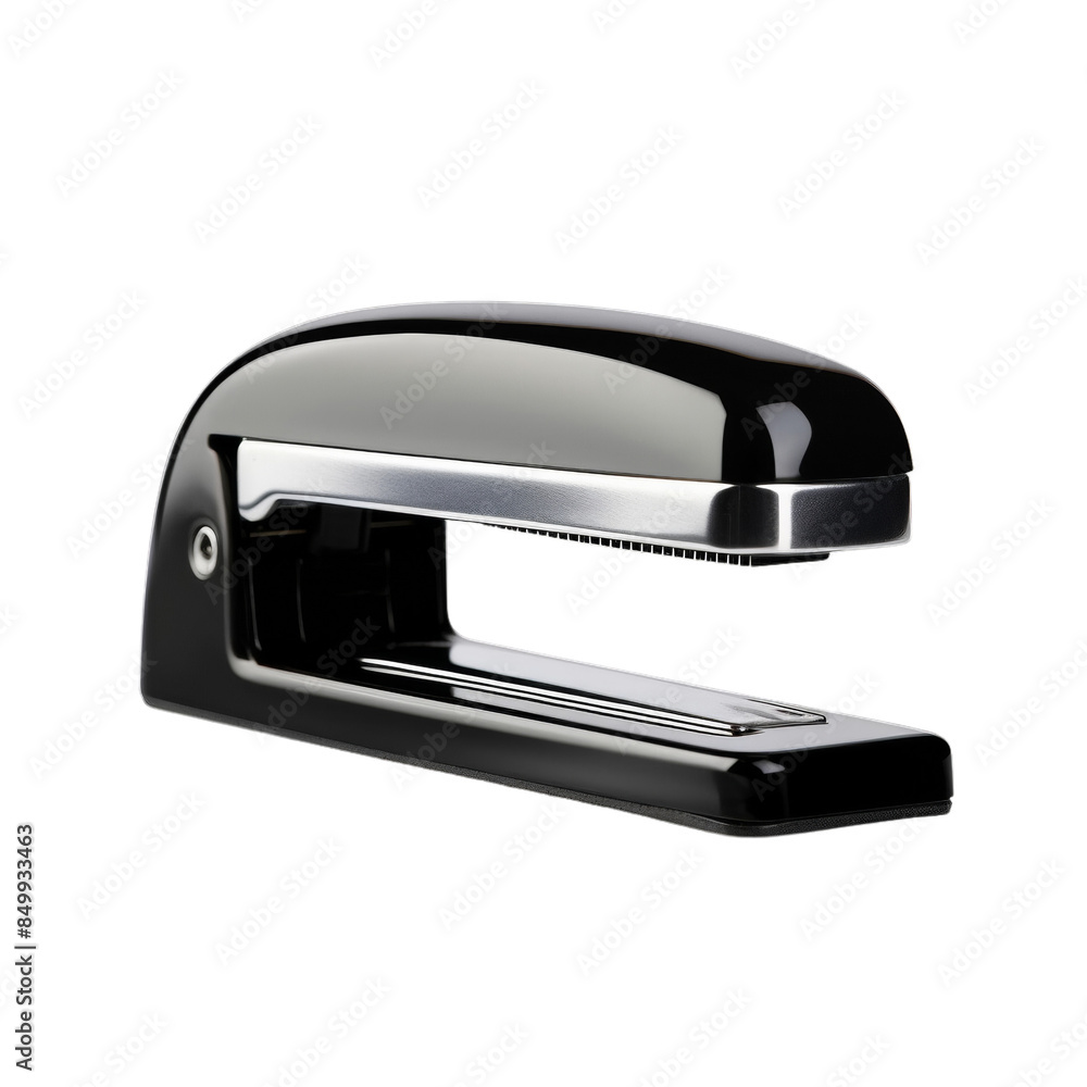 Sleek black stapler isolated on white background. Modern office supply for stapling papers. Ideal for professional and home office use. Sleek black stapler isolated on white background. Modern office supply for stapling papers. Ideal for professional and home office use.