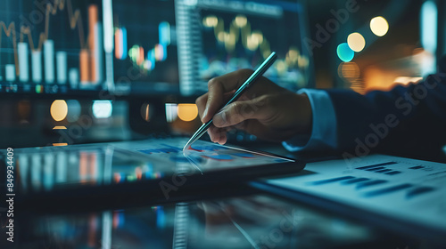 Close-up of a businessman's hand holding a pen analyzing market data, reports, financial graphs, economic growth, business strategy, planning and problem solving. Generative AI illustration  photo