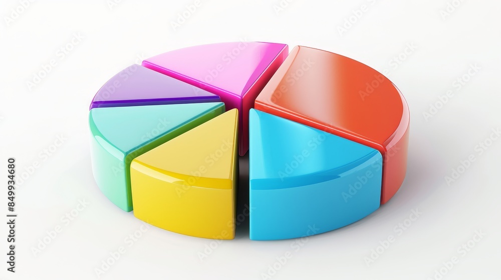 Professional 3D pie chart, each segment in a different bright color, set against a white flat background, clear text space, clean and sleek design Professional 3D pie chart, each segment in a different bright color, set against a white flat background, clear text space, clean and sleek design