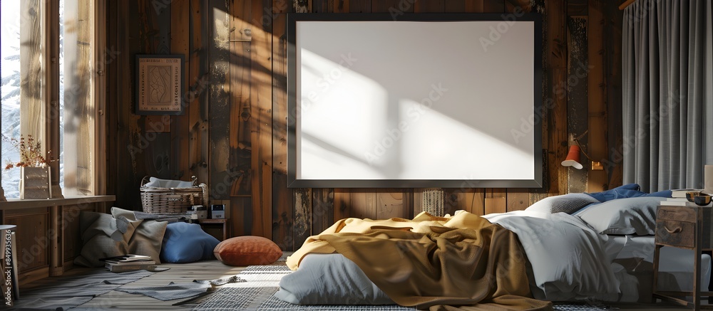 3D rendering of a large blank picture frame on a wall in a bedroom with wooden walls and a bed 3D rendering of a large blank picture frame on a wall in a bedroom with wooden walls and a bed