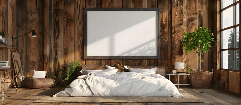 3D rendering of a large blank picture frame on a wall in a bedroom with wooden walls and a bed 3D rendering of a large blank picture frame on a wall in a bedroom with wooden walls and a bed