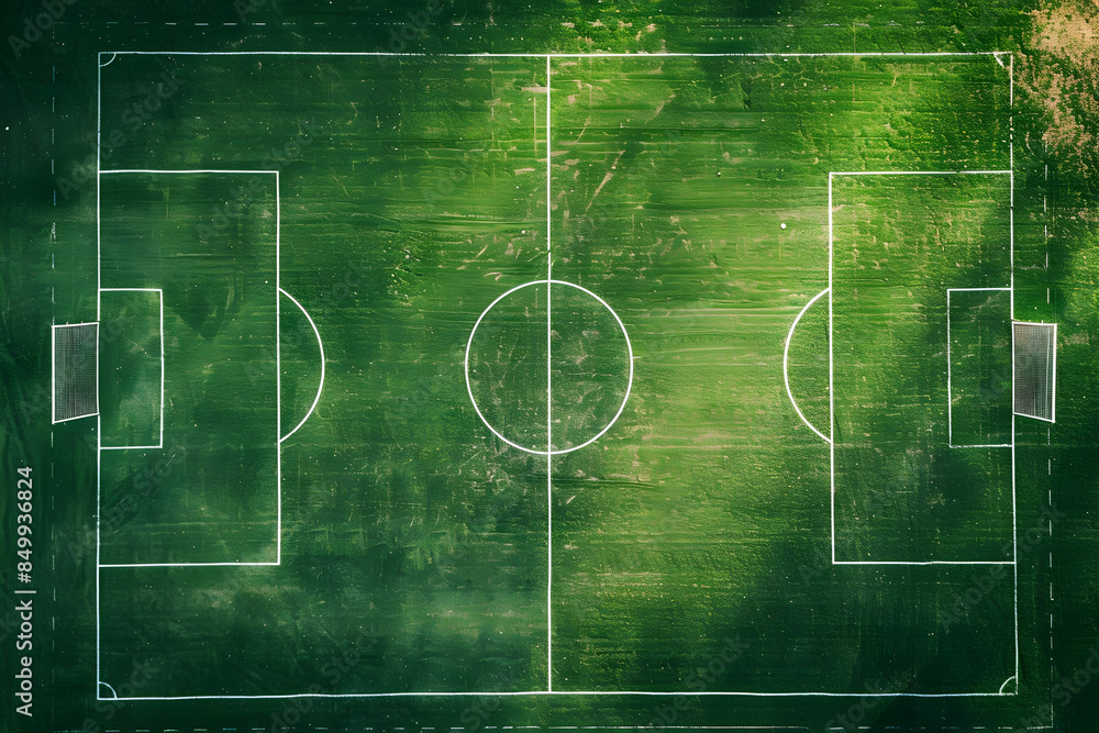 Aerial view of an empty, well-maintained green soccer field with clear white lines marking the boundaries and goals. Aerial view of an empty, well-maintained green soccer field with clear white lines marking the boundaries and goals.