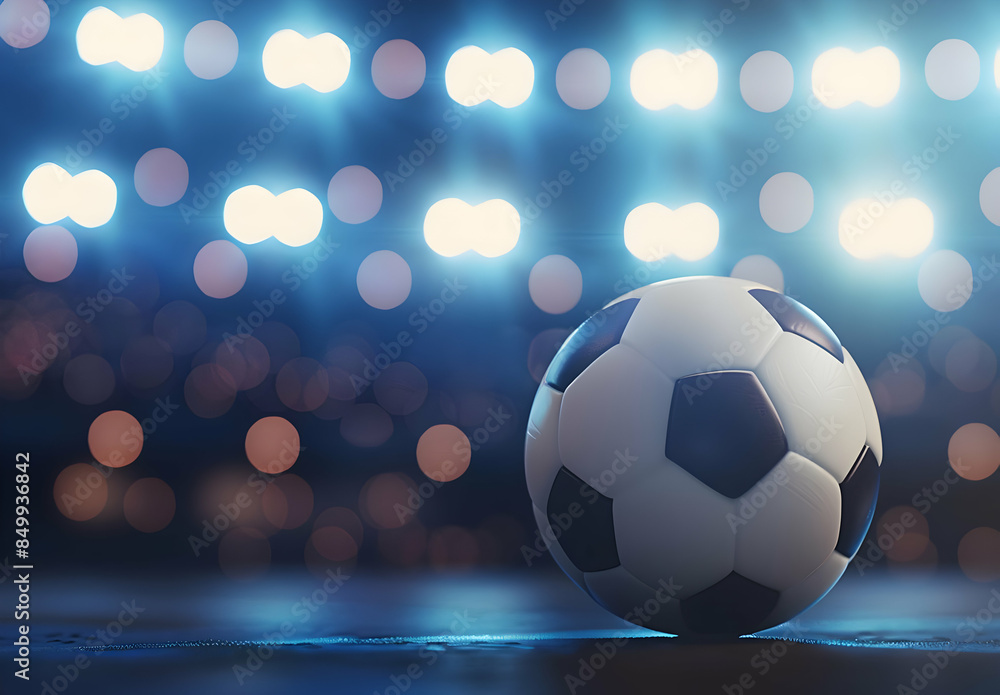 Fototapeta premium Close-up of a soccer ball on a field under bright stadium lights, capturing the excitement and anticipation of a night game.