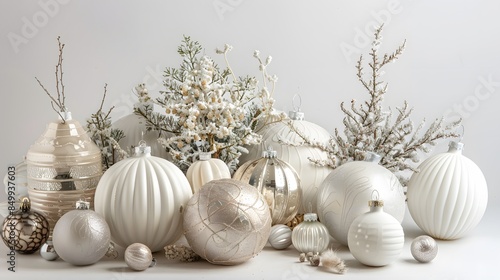 Christmas white background with christmas balls and decoration - 3d rendering. 