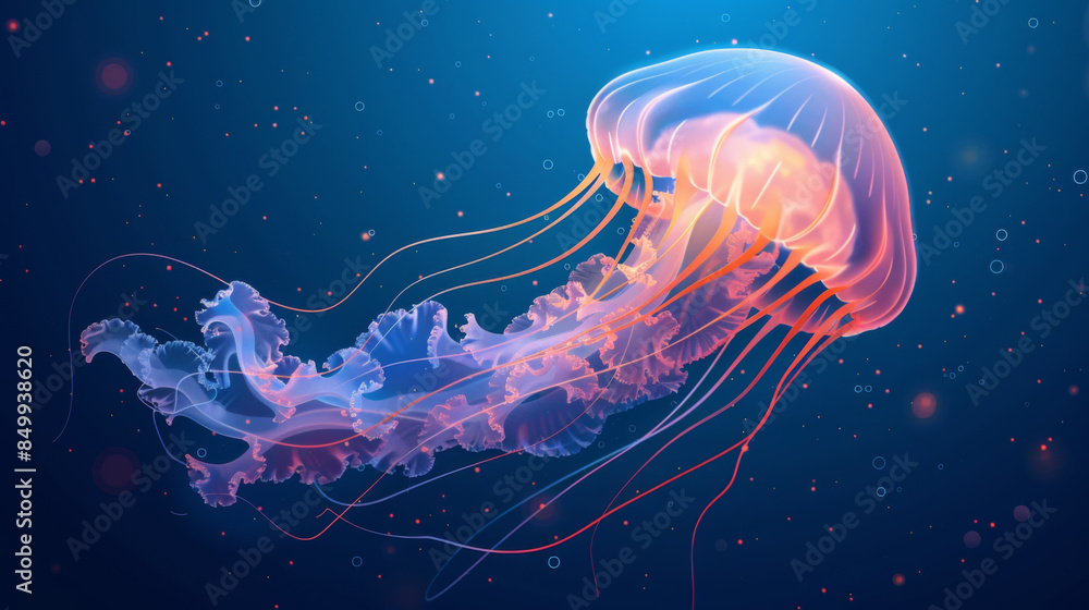 Naklejka premium A luminous jellyfish gracefully swims in the deep blue sea, showcasing vibrant colors and ethereal beauty in its natural habitat.