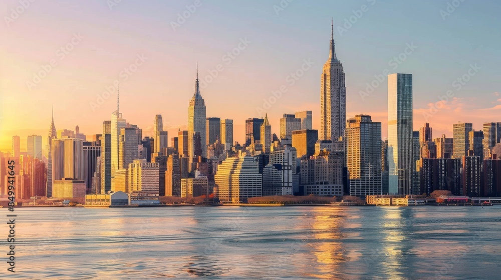 Obraz premium Panoramic view of New York City skyline at sunset with the iconic Empire State Building, reflecting on the Hudson River under a clear sky and warm sunlight.