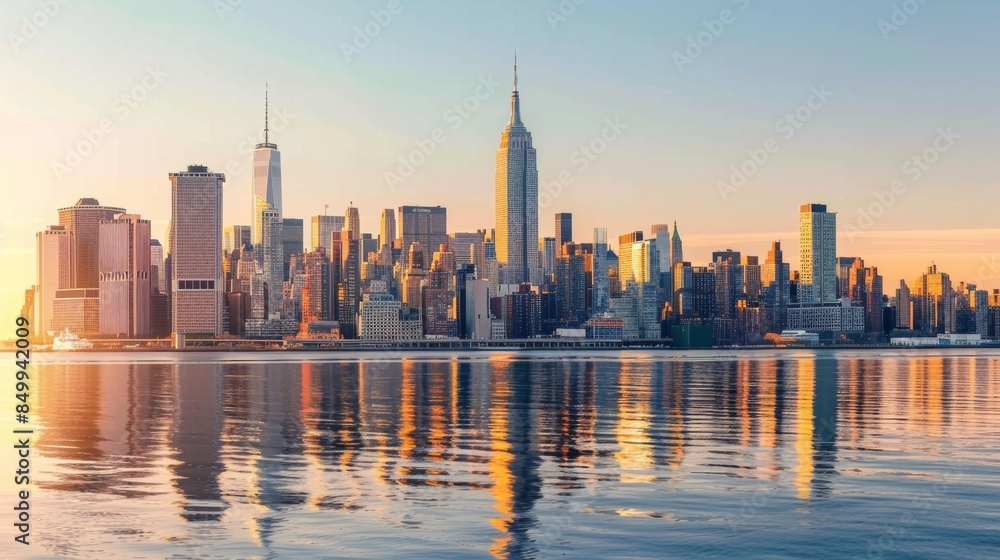 Fototapeta premium Panoramic view of New York City skyline at sunset with the iconic Empire State Building, reflecting on the Hudson River under a clear sky and warm sunlight.