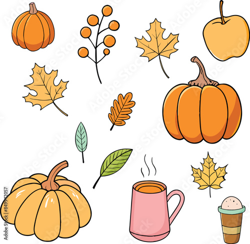set of pumpkins and leaf
