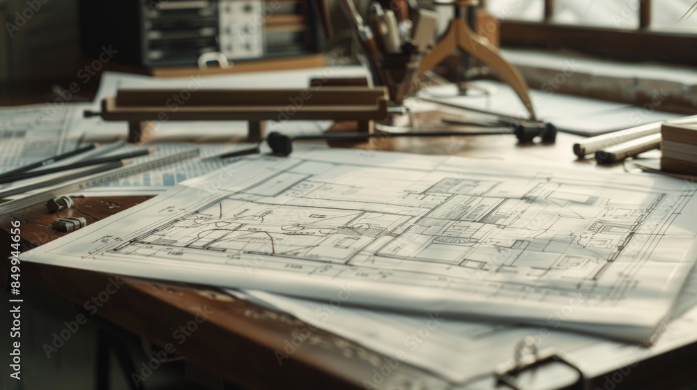 Architectural Blueprints: Depict a scene of architectural blueprints spread out on a drafting table. The blueprints are detailed and precise, with technical drawings and annotations. Include tools Architectural Blueprints: Depict a scene of architectural blueprints spread out on a drafting table. The blueprints are detailed and precise, with technical drawings and annotations. Include tools