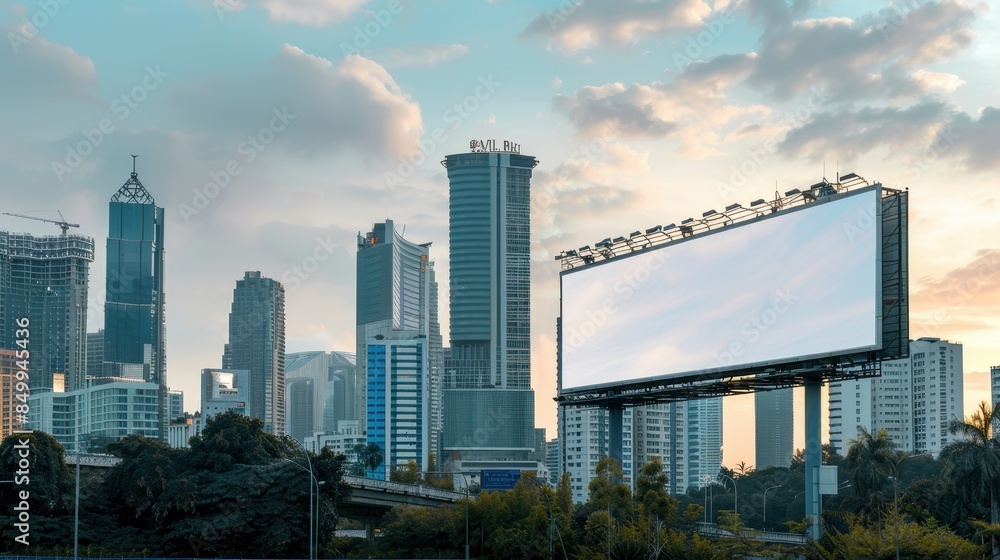 A large billboard is in the middle of a city with a clear blue sky. The billboard is empty, but it is surrounded by tall buildings. The cityscape is bustling with activity A large billboard is in the middle of a city with a clear blue sky. The billboard is empty, but it is surrounded by tall buildings. The cityscape is bustling with activity