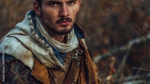 Mature man in costume of traveler or hunter on natural background