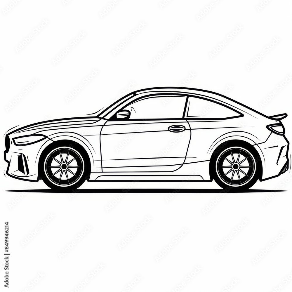 Detailed black and white side view drawing of a modern coupe car, illustrating sleek and contemporary automotive design.