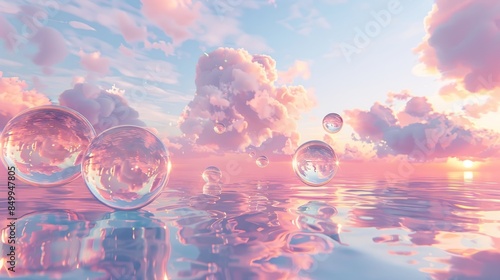Soap bubbles on sea water with clouds and sky in the background  the beautiful one, with copy space for text