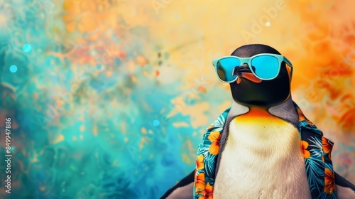 A penguin wearing blue sunglasses looks out at a vibrant abstract background.