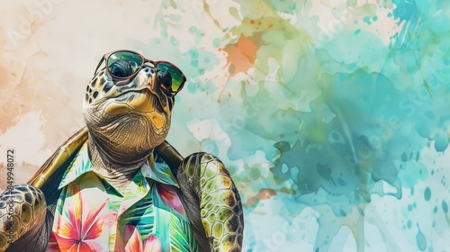 A sea turtle wearing sunglasses and a tropical shirt against a colorful background. photo