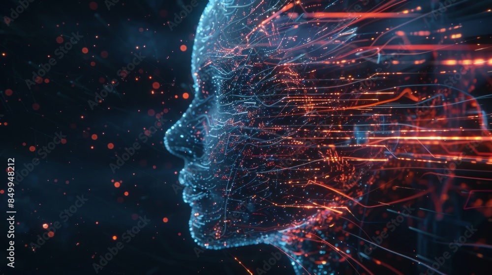 Side profile of a futuristic artificial intelligence computer head with glowing lines and data. Digital background Side profile of a futuristic artificial intelligence computer head with glowing lines and data. Digital background