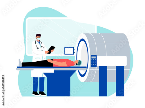 Doctor check patient's CT scan report. Medicine vector illustration