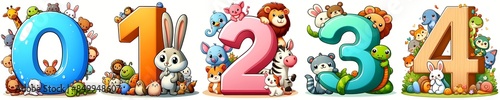 Numbers 0 - 4 with fun cute cartoon animals around them, isolated on white
