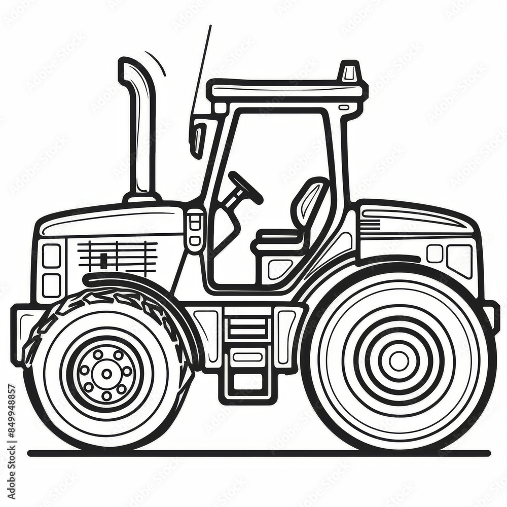Side view illustration of a tractor in black and white, showing detailed structure and wheel design. Side view illustration of a tractor in black and white, showing detailed structure and wheel design.