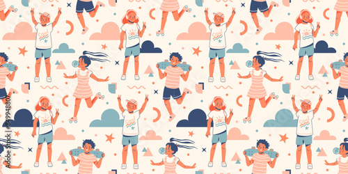 Cool summer vibe seamless background. Teenager kids enjoying careless time, showing fun cool gestures, blowing bubble gum. Happy light pastel tone wallpaper. Casual style hand drawn vector concept.